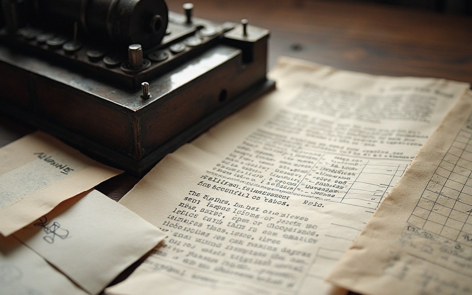 An old cipher machine resting on typed pages and handwritten notes