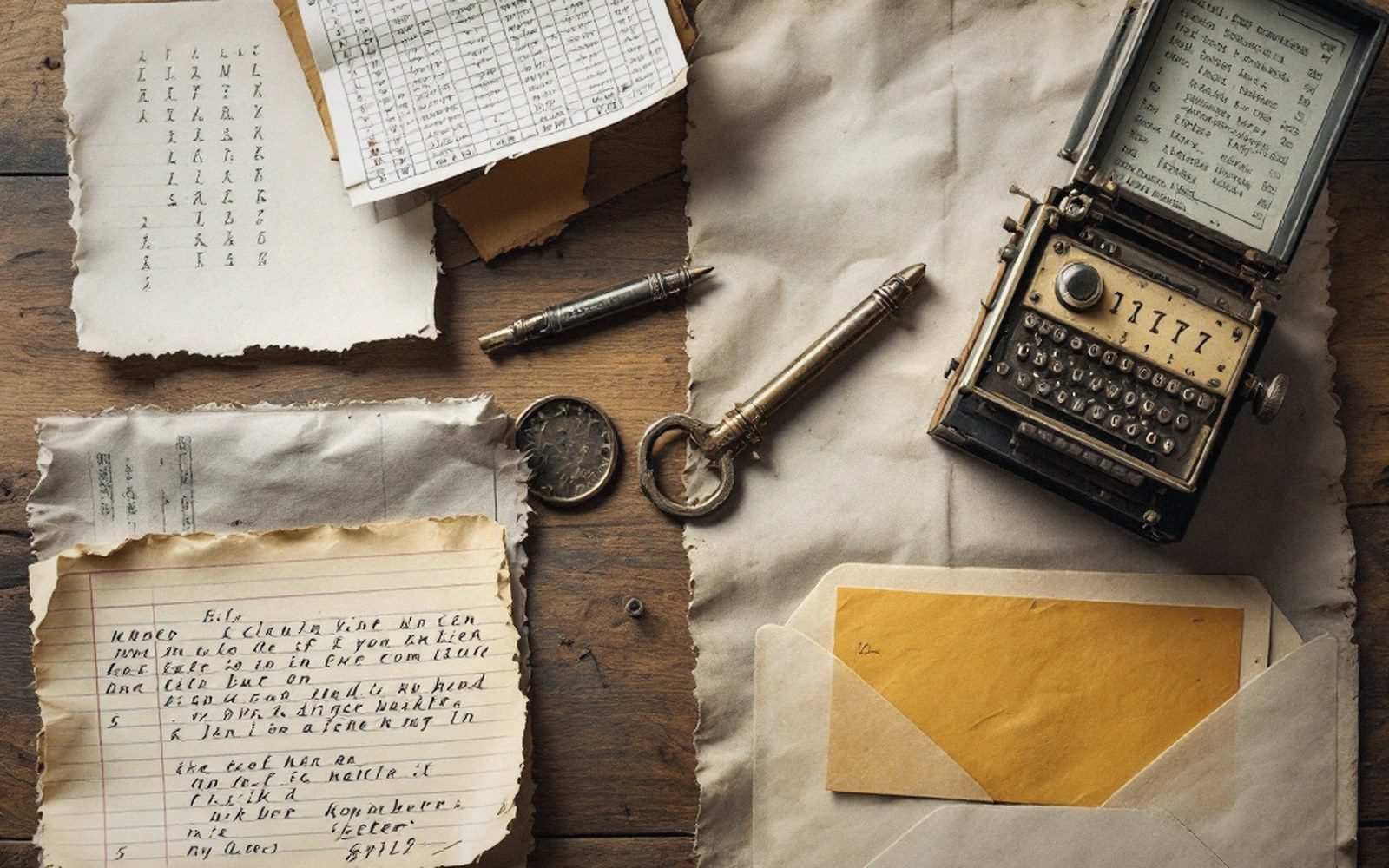 An old cipher machine, coded notes, envelope and antique key on a wooden desk