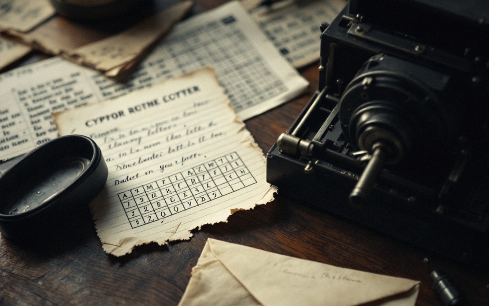 Handwritten cipher notes with a letter grid, magnifying glass and antique encoding machine on a desk