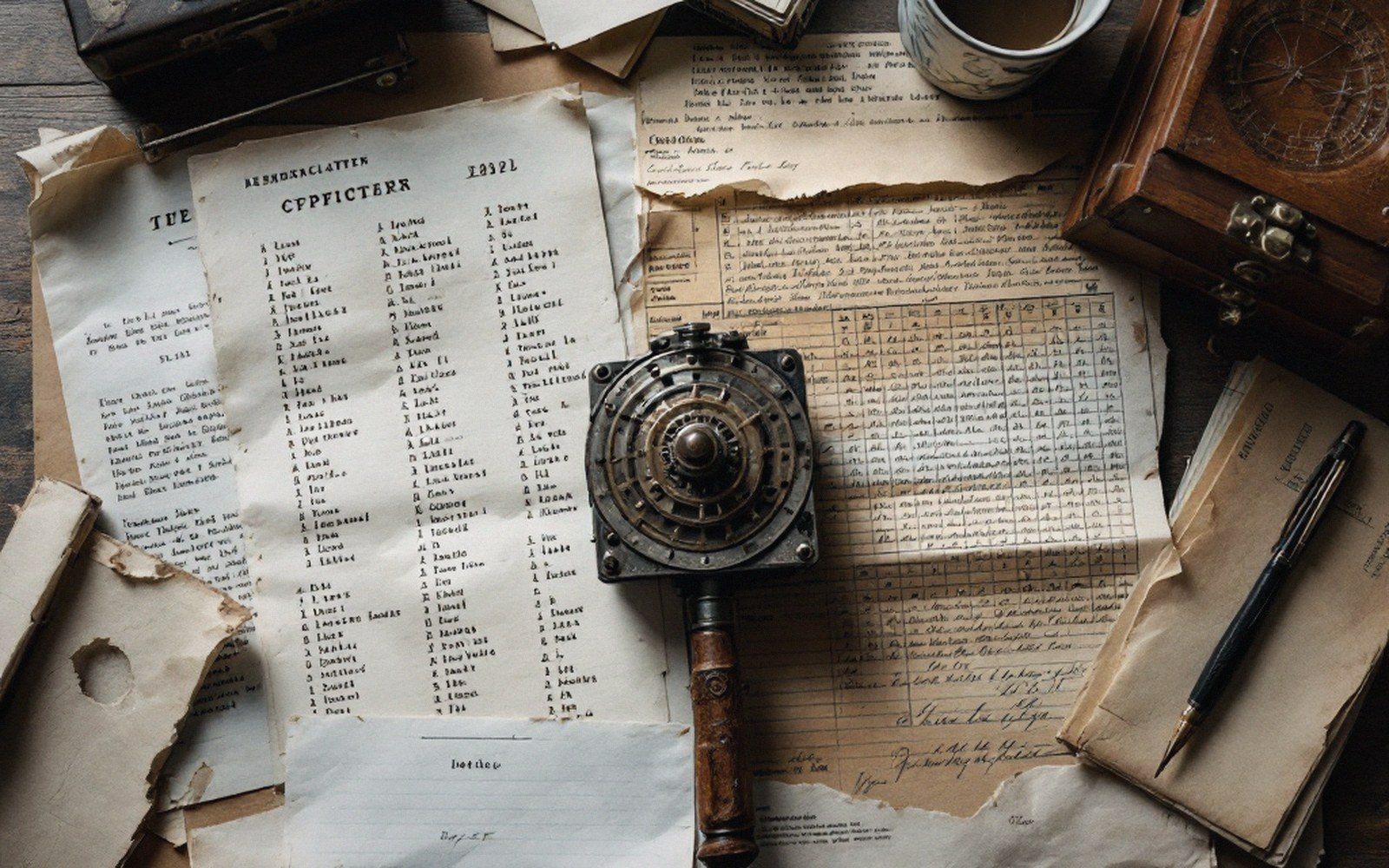 Old cipher wheel resting on handwritten code tables and ledger pages