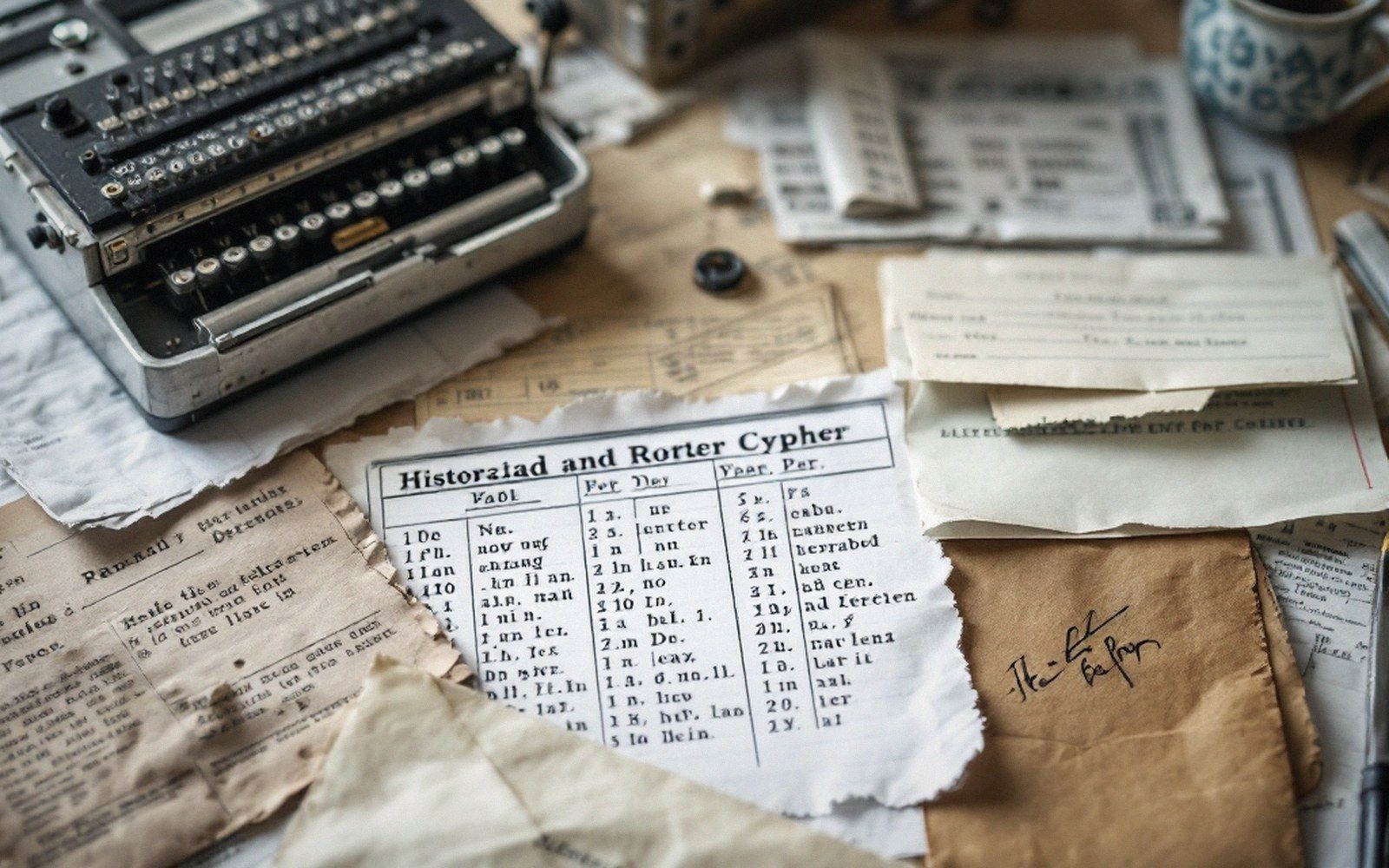 An enigma-style cipher machine beside handwritten cypher tables and scattered old documents