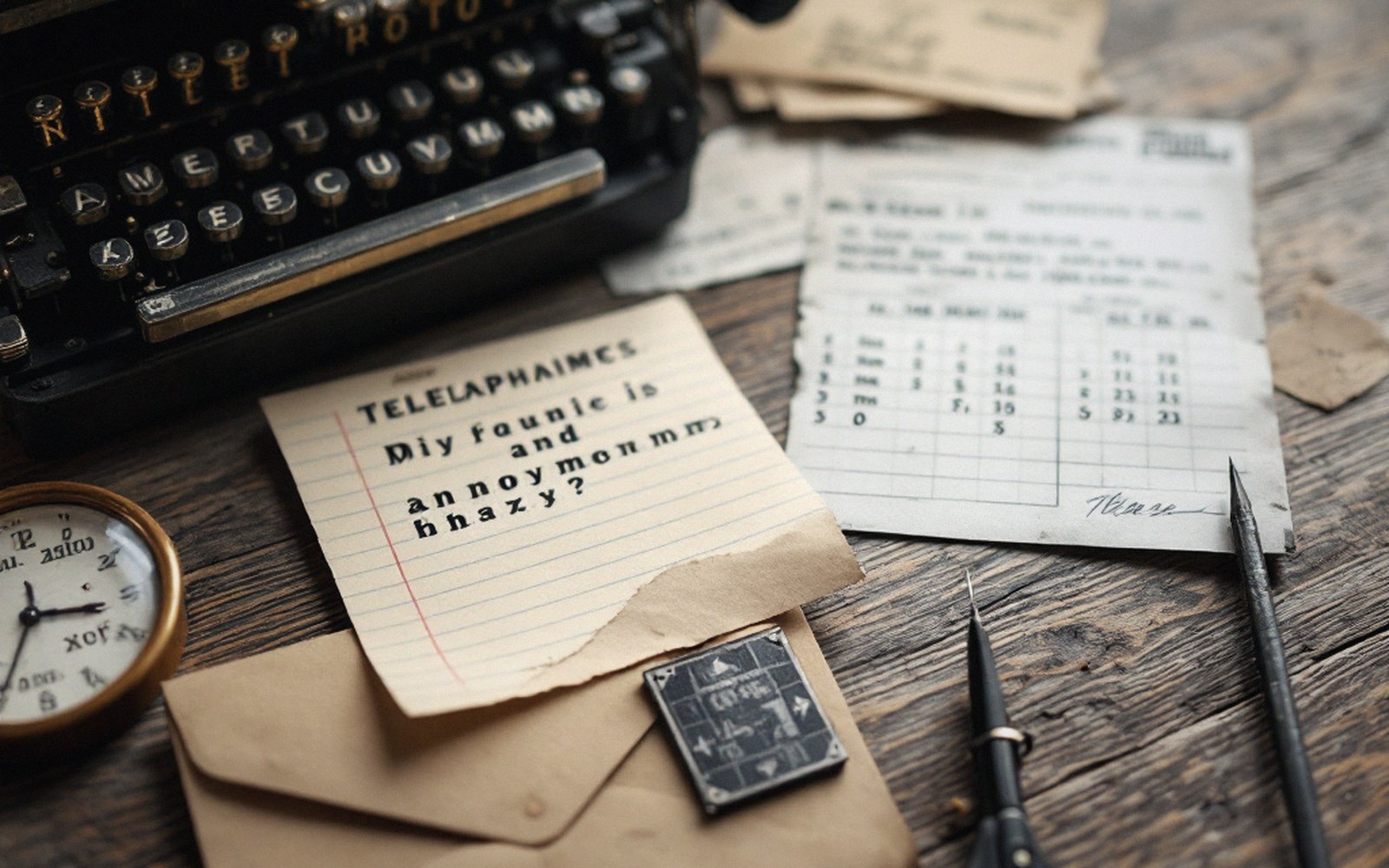 Vintage typewriter, handwritten note, envelope and pocket watch on a wooden desk