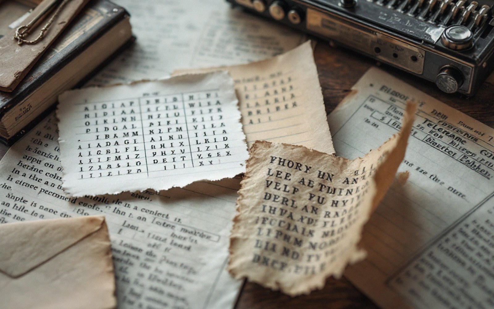 Torn paper scraps with coded letter grids sit atop old documents and a vintage radio