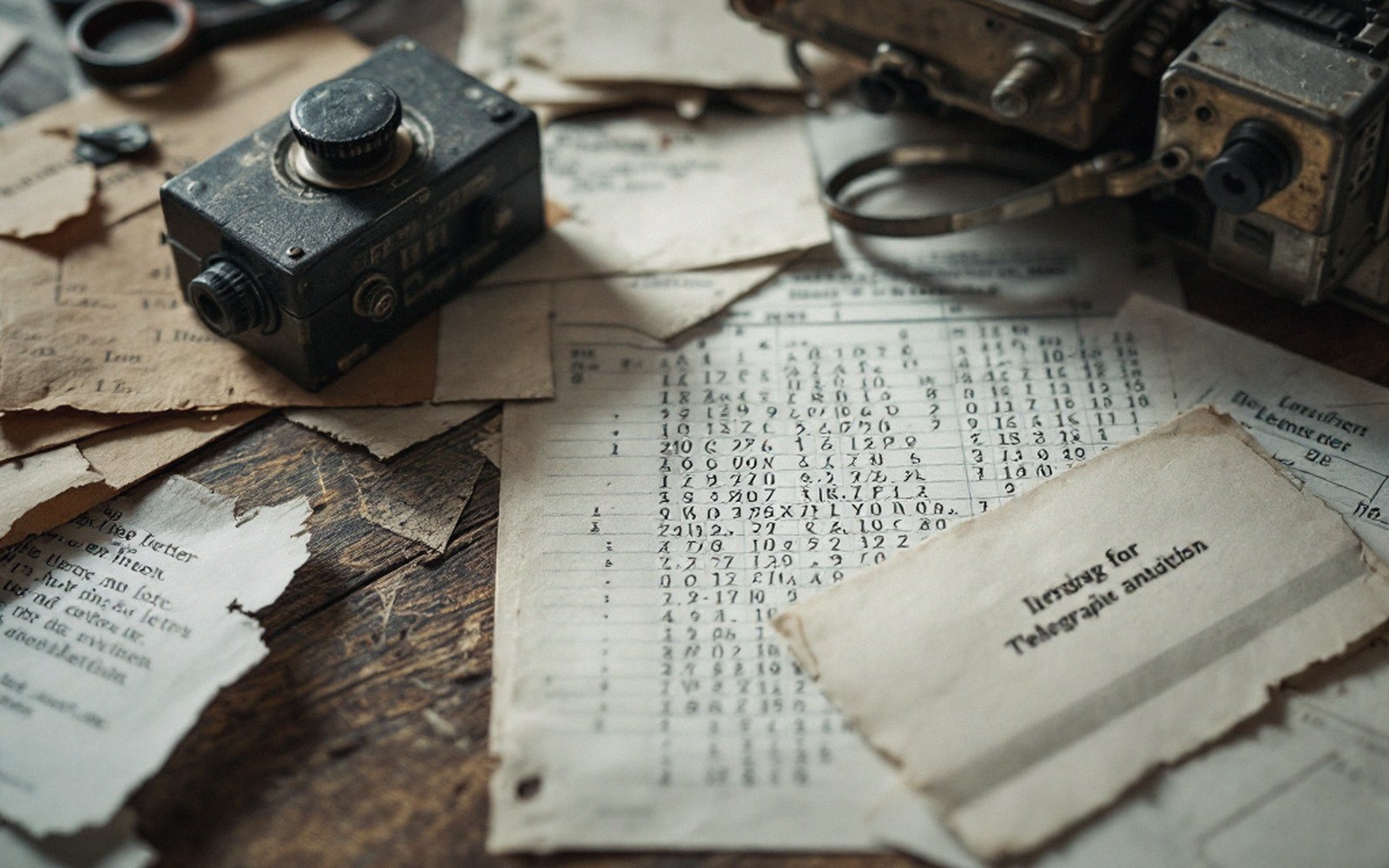 Old radio equipment and torn telegraph code sheets scattered across a wooden desk