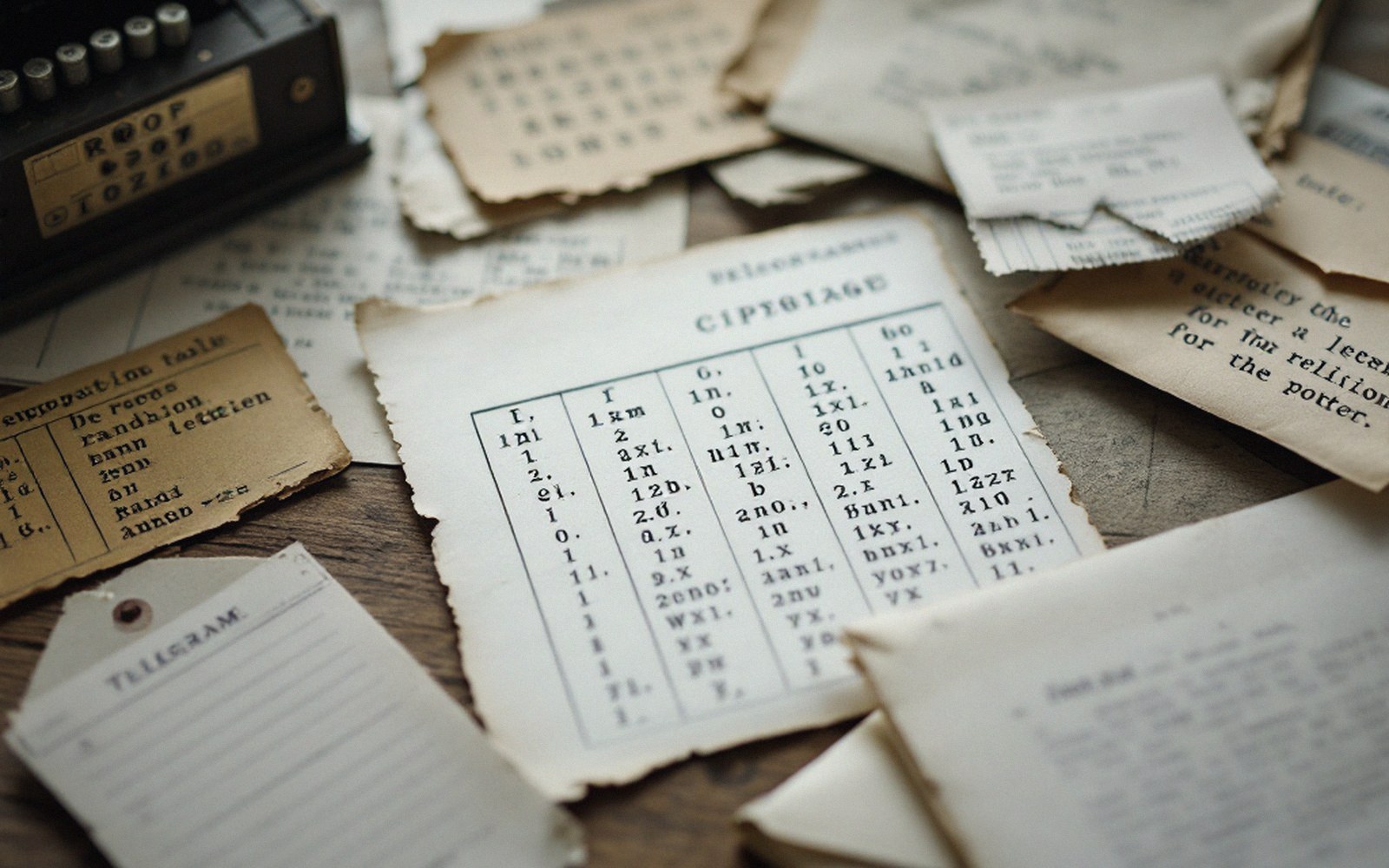 Torn cipher tables and telegram forms scattered beside an old encryption device