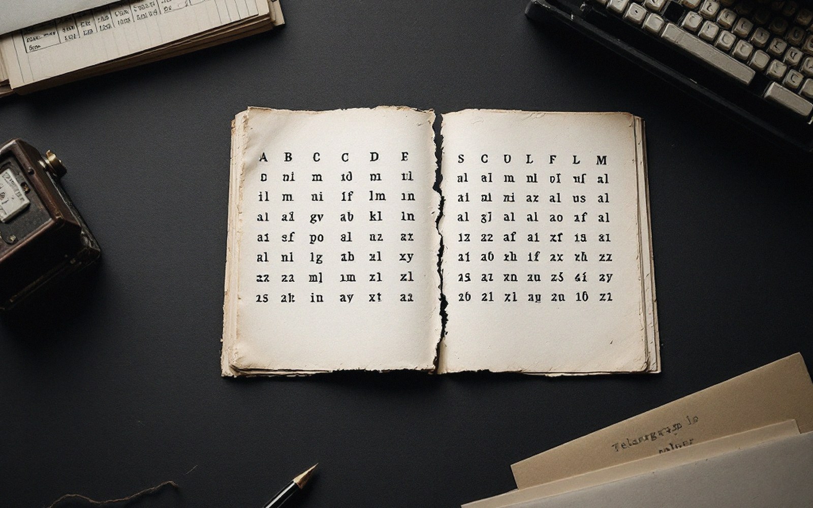 Open book with columns of coded letter groups beside a typewriter and pen